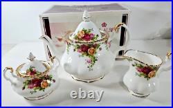 Royal Albert Old Country Roses 3pc Tea Set 2003 NEW OLD Teapot, Sugar, Creamer