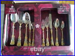 Royal Albert Old Country Roses 45 Piece Stainless Steel Serving 8 Gold Accents