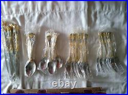 Royal Albert Old Country Roses 45 Piece Stainless Steel Serving 8 Gold Accents