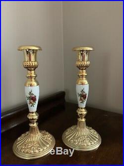 Royal Albert Old Country Roses 9 Tall 2 Candle Holders Gold Plated Porcelain