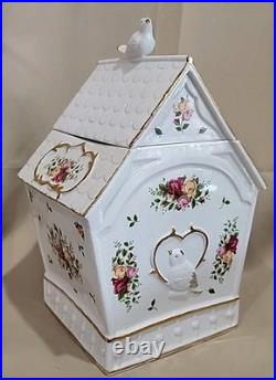 Royal Albert Old Country Roses Bird House Cookie Jar Canister Bird on top 24 Kt