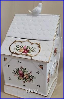 Royal Albert Old Country Roses Bird House Cookie Jar Canister Bird on top 24 Kt