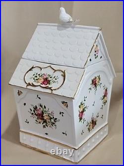 Royal Albert Old Country Roses Bird House Cookie Jar Canister Bird on top 24 Kt