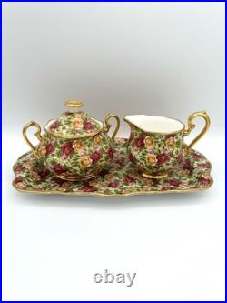 Royal Albert Old Country Roses Chintz Teapot, Creamer, Sugar & Tray, Set of 4