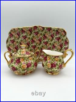 Royal Albert Old Country Roses Chintz Teapot, Creamer, Sugar & Tray, Set of 4