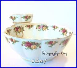 Royal Albert Old Country Roses Chip Dip Bowls Metal Holder Centerpiece RARE