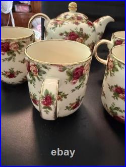 Royal Albert Old Country Roses Coffee Pot & 4 Mugs Set Gold Trim England Floral