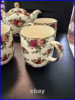 Royal Albert Old Country Roses Coffee Pot & 4 Mugs Set Gold Trim England Floral