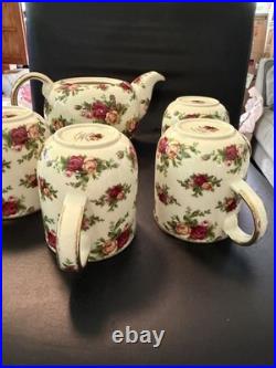 Royal Albert Old Country Roses Coffee Pot & 4 Mugs Set Gold Trim England Floral