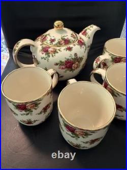Royal Albert Old Country Roses Coffee Pot & 4 Mugs Set Gold Trim England Floral