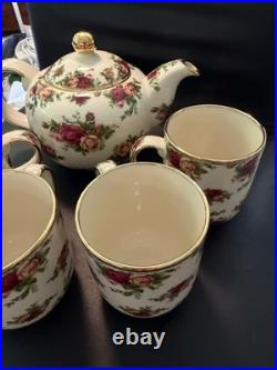 Royal Albert Old Country Roses Coffee Pot & 4 Mugs Set Gold Trim England Floral