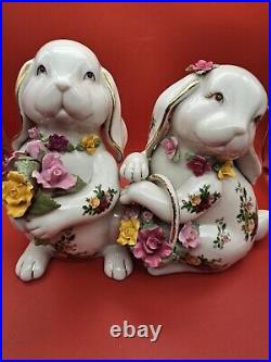 Royal Albert Old Country Roses Floppy Ear Bunny Set of Boy Bouquet & Girl Basket