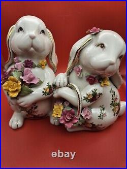 Royal Albert Old Country Roses Floppy Ear Bunny Set of Boy Bouquet & Girl Basket