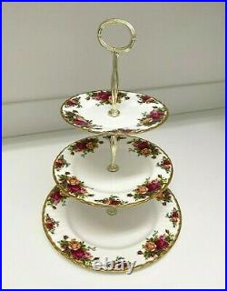 Royal Albert Old Country Roses Gold China 3-Tier Cake Stand Plate Fine Trim 15