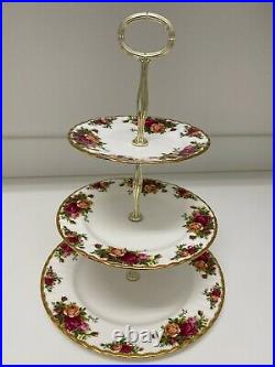 Royal Albert Old Country Roses Gold China 3-Tier Cake Stand Plate Fine Trim 15