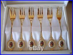 Royal Albert Old Country Roses Gold Plated & Porcelain Cake Forks Set of 6 Boxed