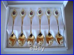 Royal Albert Old Country Roses Gold Plated & Porcelain Spoon Set of 6 Gift Box