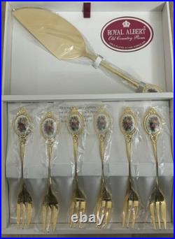 Royal Albert Old Country Roses Gold Plated fork set with cake server