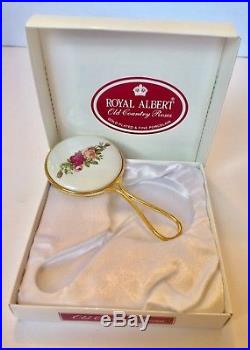 Royal Albert Old Country Roses Hand Mirror Gold Tone Porcelain Roses Vanity RARE