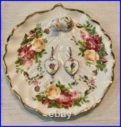 Royal Albert Old Country Roses Heart Pearl Broken China Jewelry Earrings Set