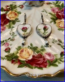 Royal Albert Old Country Roses Heart Pearl Broken China Jewelry Earrings Set