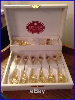 Royal Albert Old Country Roses Jam Tea Spoon Butter Knife Gold Porcelain Set NOS