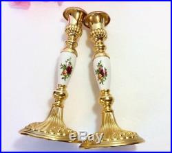 Royal Albert Old Country Roses Royal Doulton Candlesticks Gold Plated Porcelain