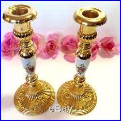 Royal Albert Old Country Roses Royal Doulton Candlesticks Gold Plated Porcelain