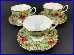 Royal Albert Old Country Roses Ruby Celebration Green Chintz 3 Cups & Saucers