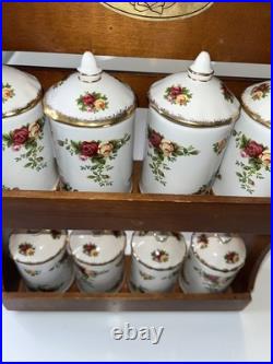 Royal Albert Old Country Roses Spice Jar Set with Wooden Wall Rack 8 Jars