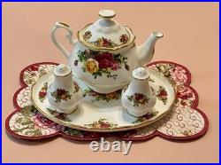 Royal Albert Old Country Roses Teapot Tea Pot Salt & Pepper Serving Tray Set