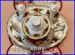 Royal Albert Old Country Roses Teapot Tea Pot Salt & Pepper Serving Tray Set