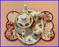 Royal Albert Old Country Roses Teapot Tea Pot Salt & Pepper Serving Tray Set