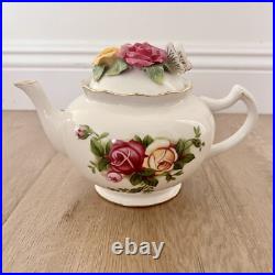 Royal Albert Old Country Roses Teapot with Butterfly & Roses on Lid Vintage
