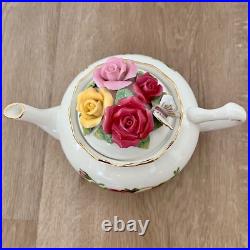 Royal Albert Old Country Roses Teapot with Butterfly & Roses on Lid Vintage