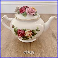 Royal Albert Old Country Roses Teapot with Butterfly & Roses on Lid Vintage