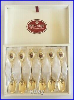 Royal Albert, Old Country Roses Vintage Teaspoon Set Gold Plated Porcelain RARE