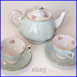 Royal Albert Polka Rose Set Large Tea Pot and 2 Cups And Saucers Excellent