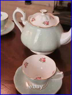 Royal Albert Polka Rose Set Large Tea Pot and 2 Cups And Saucers Excellent