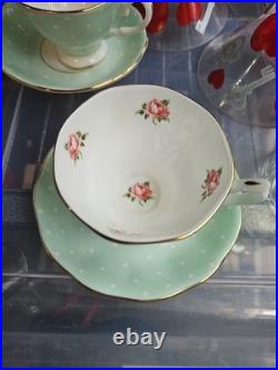 Royal Albert Polka Rose Set Large Tea Pot and 2 Cups And Saucers Excellent