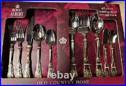 Royal Albert Silverware Old Country Roses Stainless with gold, 45 Piece New In Box