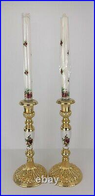 Royal Doulton Albert Old Country Roses Tall Candle Sticks & Candles 9 Gold EXC