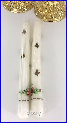 Royal Doulton Albert Old Country Roses Tall Candle Sticks & Candles 9 Gold EXC
