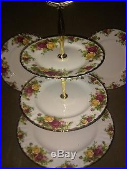 Royal albert old country roses 4 7in dishes and 3 tier cake platter real 22kt