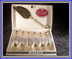 SIX ROYAL ALBERT OLD COUNTRY ROSES GOLD PLATED AND FINE PORCELAIN CAKE FORKS