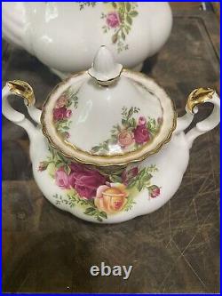 VTG. Royal Albert Teapot, Creamer, Sugar Bone China Old Country Rose Pattern