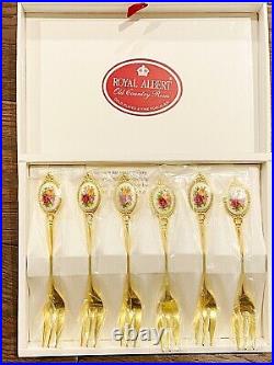 Vintage Royal Albert Old Country Roses, Gold plated (Six)Forks In Box. Mint