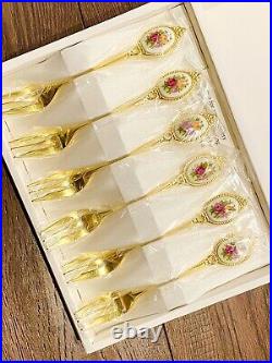 Vintage Royal Albert Old Country Roses, Gold plated (Six)Forks In Box. Mint