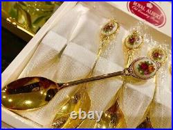 Vintage Royal Albert Old Country Roses, Gold plated (Six)Tea Spoons In Box. Mint