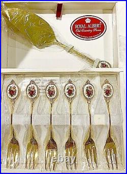 Vintage Royal Albert Old County Roses Gold plated 6 Forks&CAKE Slicer In Box